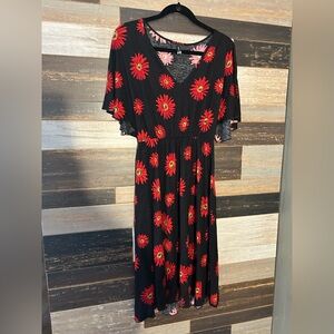 Casa Lee Black Maxi Dress with Red Floral Sunflower Print fits large to X-Large